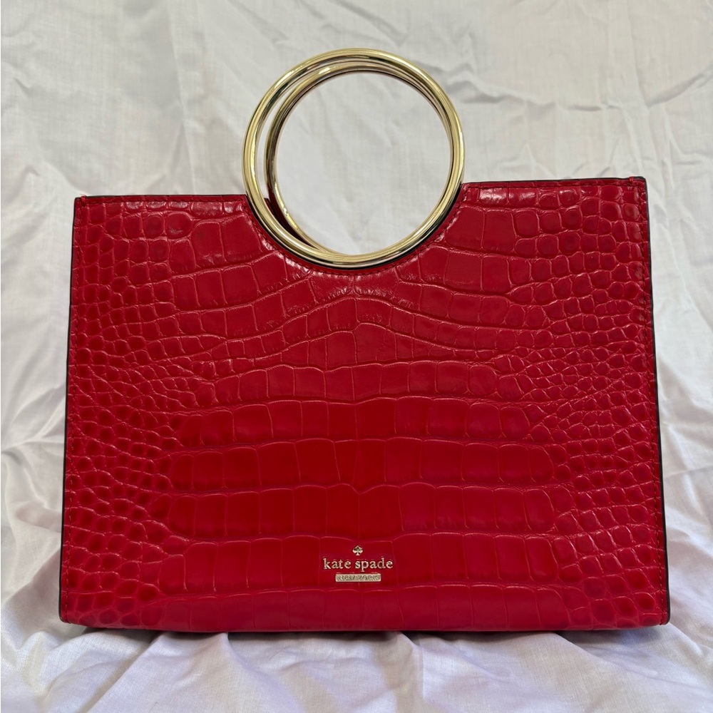 Kate Spade Red Croc-Embossed Sam Tote with Gold Handles